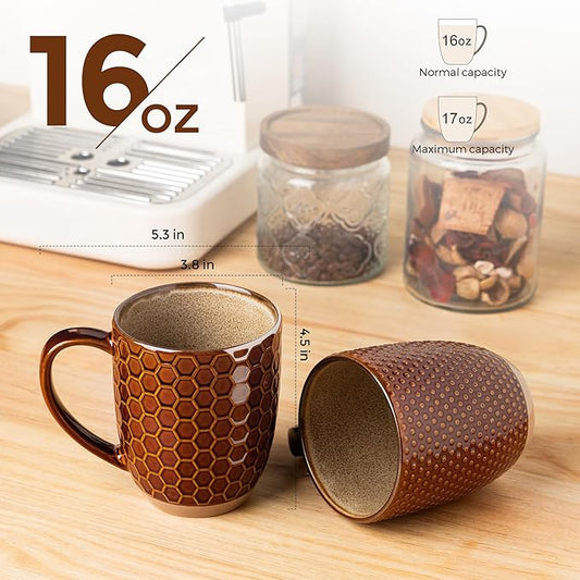 GBhome Large Coffee Mugs Set of 4, 16oz Handmade Embossed Coffee Mugs Set with Large Handle for Cappuccino/Latte/Tea/Hot Cocoa, Dishwasher & Microwave Safe, Caramel