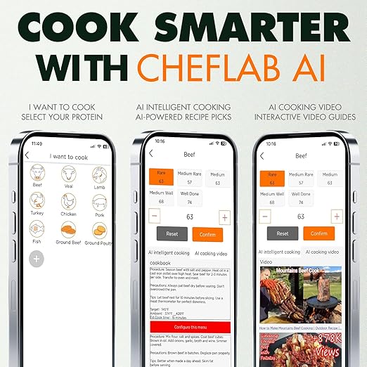 ChefLab AI Meat Thermometer Wireless, 500ft Long Range Smart Digital Bluetooth BBQ Thermometer for Grilling, Smoker, Oven, Kitchen Cooking (Dual Probe)