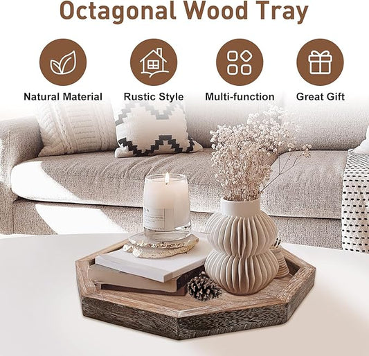 Large Wood Trays Home Decor Farmhouse Candle Holder Plate for Coffee Table Rustic Wooden Decorative Tray Vintage Table Centerpiece for Living Room Kitchen Counter Decor and Bathroom Accessories Trays