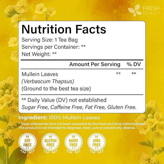 FreshDrinkUS, Premium 120 Mullein Leaf Tea Bags For Lung, 100% Natural & Pure from Mullein Leaves. Loose Leaf Mullein Herbal Tea. Made with Natural Material Tea Bags. No Sugar, No Caffeine, No Gluten, Vegan.