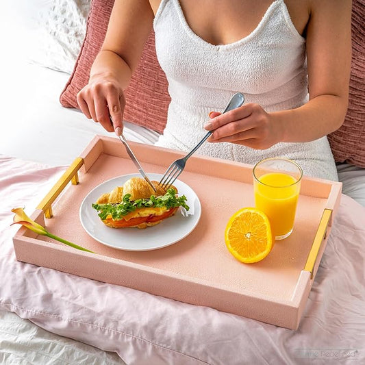 Modern Elegant 17.5"x12" Rectangle Baby Pink Tray Glossy Shagreen Faux Leather Decorative Ottoman Coffee Table Perfume Dresser Kitchen Serving Tray with Gold Polished Metal Handles.