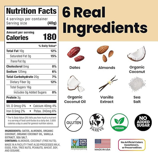 Bahamii Snack Bars, Made with Dates & Nuts, Healthy Snacks, Gluten Free, Good Source of Fiber, Only 6 Ingredients, For Kids & Adults, No Added Sugar, Vegan, 4 Pack, Coconut Vanilla