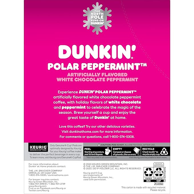 Dunkin Donuts Limited Edition Holiday Coffee K Cups - Polar Peppermint -1 Box of 22 Seasonal Kcup Pods For Keurig Coffee Makers