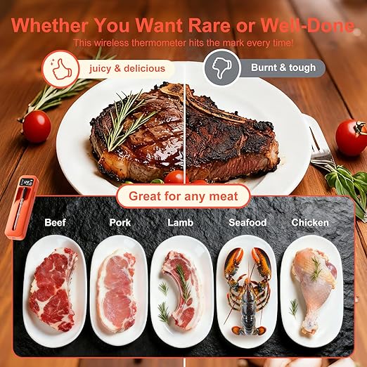 Smart Bluetooth Wireless Meat Thermometer with Ceramic Probe,±1°F Accuracy,IPX8,Real-Time Readings from App or Standalone Display Base for BBQ,Grill,Smoker,Steak,Turkey,Chicken,Pork,Lamb