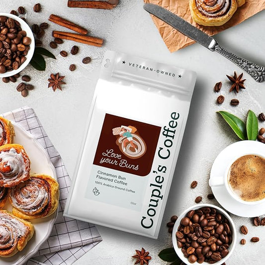 Couple’s Coffee Flavored Ground Coffee | Medium Roast Cinnamon Bun Flavored Coffee | Gives Back to Military Families | Love Your Buns | Made with 100% Arabica Beans | 12oz bag