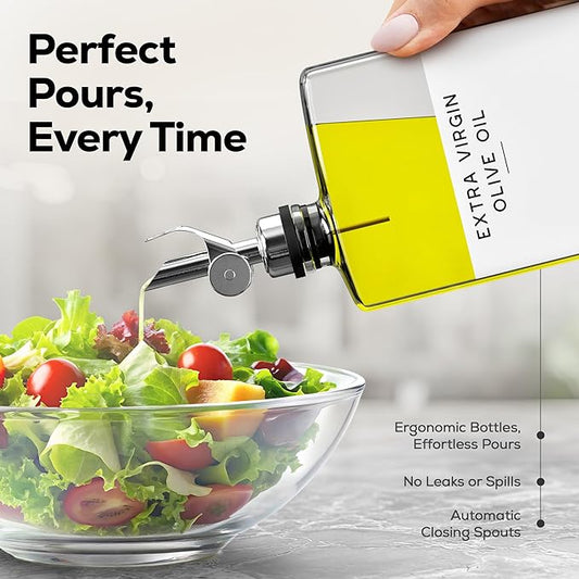 Glass Olive Oil Dispenser Bottle for Kitchen by Brighter Barns - Oil and Vinegar Dispenser Set, Coffee Syrup Bottles - Modern Decor for Restaurants, Coffee Station Accessories (Clear/Silver, Set of 2)