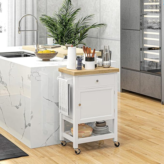 HOMCOM Utility Kitchen Cart, Rolling Kitchen Island with Smooth Rubberwood Top, Narrow Butcher Block Surface on Wheels with Storage Drawer & Cabinet, White