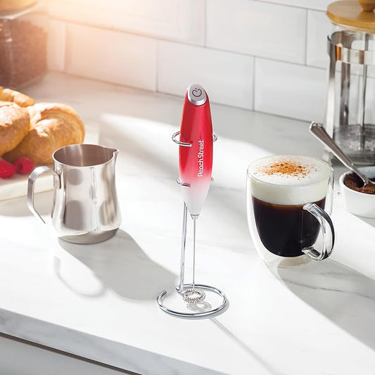 Powerful Handheld Milk Frother, Mini Milk Foamer, Battery Operated (Not included) Stainless Steel Drink Mixer with Stand for Coffee, Lattes, Cappuccino, Frappe, Matcha, and Hot Chocolate. (Red/White)