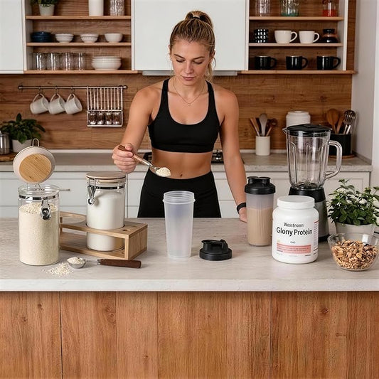 Glass Protein Powder Container Set, 40oz Airtight Collagen Storage Jars with Bamboo Lids & 1 TBSP Measuring Spoons (2 Pack) - Wide Mouth Aesthetic Countertop Dispenser Organizer for Kitchen
