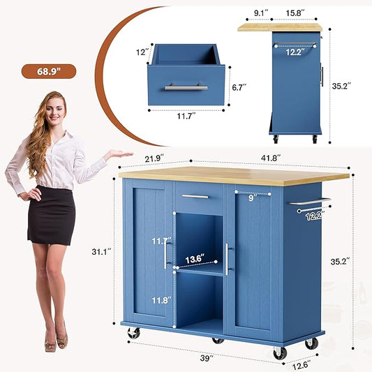 JY QAQA 42" Kitchen Island with Storage on Wheels, Rolling Table with Drop Leaf, Drawers, Cart Handle for Towel Rack or Free Movement, Blue