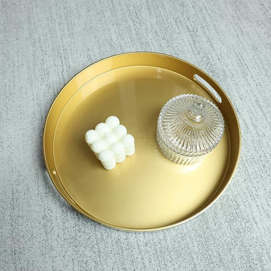 Spsyrine Round Gold Decorative Tray, 13" Plastic Serving Table Tray with Handles for Ottoman, Coffee Table, Bathroom, Kitchen, Living Room