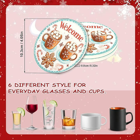 Christmas Drink Coasters Set of 6 with Black Holder and Cork Base, Absorbent Ceramic Coasters Round Decorative Coffee Table Decor for House Warming Gifts New Home