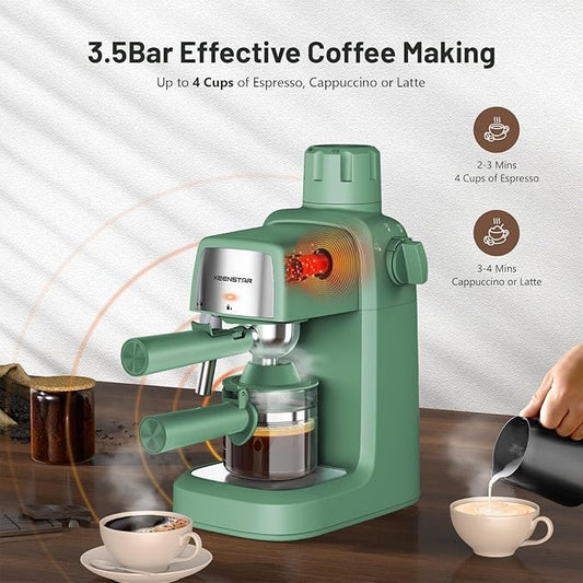 KEENSTAR 3.5Bar Espresso Machine with Milk Frother, 800W Compact Espresso and Cappuccino Machine with Preheating Function, 4 Cup Espresso Maker for Cappuccino or Latte, Gift for Coffee Lover