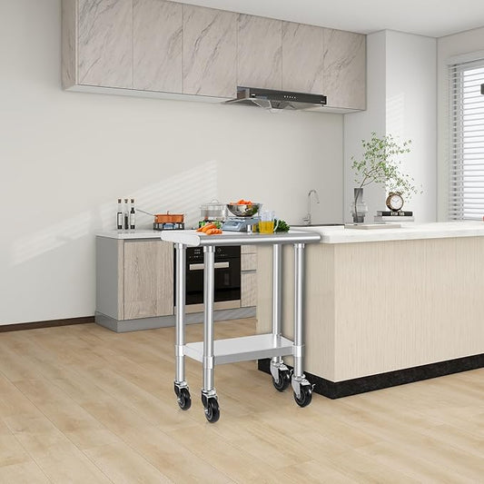HARDURA Stainless Steel Commercial Table Prep & Work Table with Casters Heavy Duty Metal Table with Wheels NSF 430 18×30 Inches
