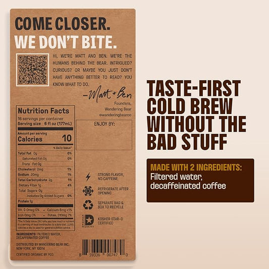 Wandering Bear Decaf Cold Brew Coffee On Tap, Iced Coffee Drink - Bold, Smooth, No Sugar Added, Shelf-Stable, Ready to Drink, Gluten Free & Vegan Decaf - 16 Servings of 6fl.oz - 96fl.oz