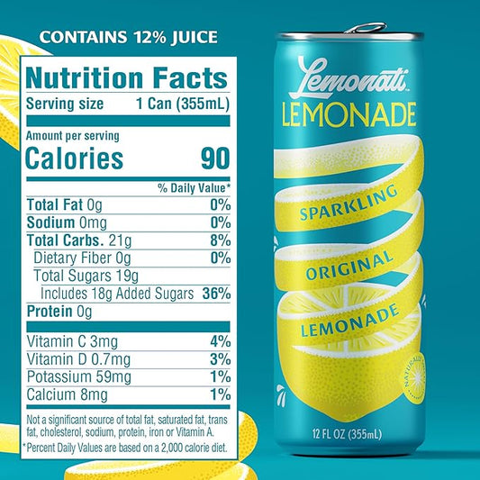 Lemonati Sparkling Lemonade, No Artificial Sweeteners or Flavoring, Gluten-Free, Kosher, Non-GMO, Vegan, 12 Fl Oz Slim Cans (12 Fl Oz (Pack of 12), Lemonade)