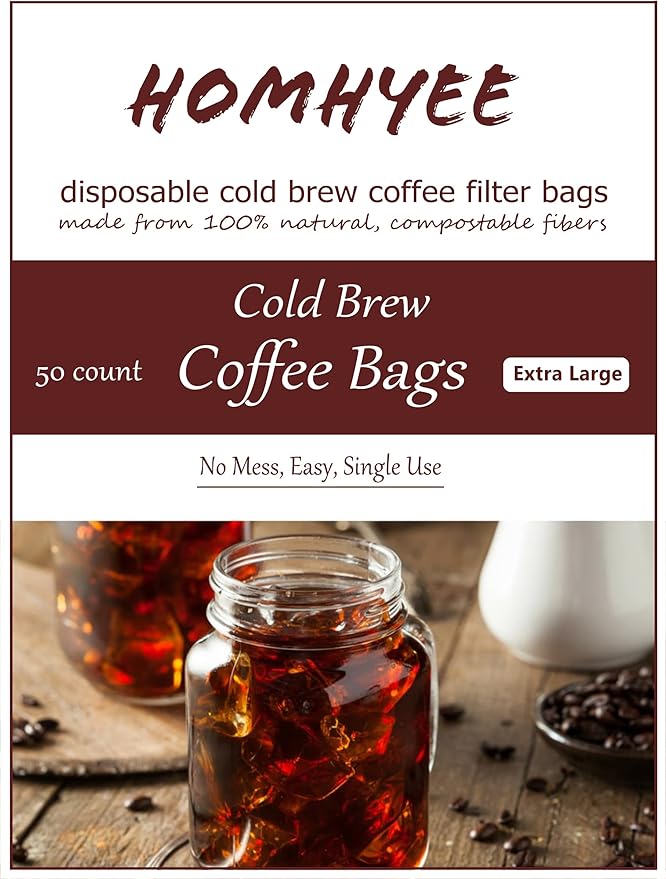 HOMYHEE Disposable Cold Brew Coffee Filters - 50 Count Single Use Filter Sock Packs Fine Mesh Brewing Bags for Concentrate, Iced Coffee Maker, French/Cold Press Kit, Tea in Mason Jar, 8 x 12 Inches