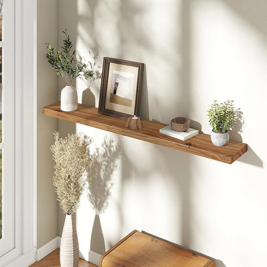 55 inch Floating Shelves for Wall, Rustic Solid Elm Wood Floating Shelf, Wall Mounted Long Wall Shelves for Bedroom, Kitchen, Living Room and Bathroom, Real Dark Wood Shelf for Home, Natural