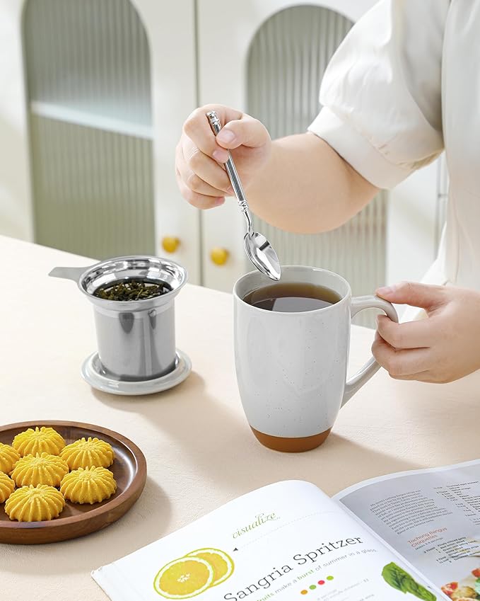 MALACASA Ceramic Tea Mug with Lid and Stainless Steel Infuser, 18 oz Large Tea Cup for Loose Leaf Tea, Heat-Resistant, Microwave & Dishwasher Safe, Speckled Glaze Coffee & Tea Brewer Mug, Khaki Gray