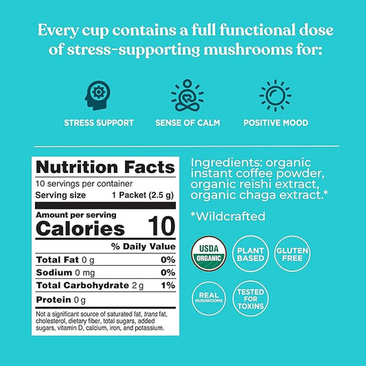 Four Sigmatic Calm Organic Instant Coffee | Medium Roast Arabica with Reishi & Chaga Mushrooms for Stress Relief & Mood Support | USDA Organic | Half Caffeine | 10 Packets