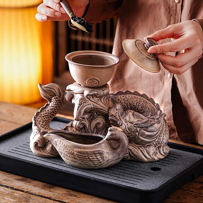 Semi Automatic Tea Set Ceramic Teapot with Infuser Magic Teapot with 8 cups (Retro Dragon-D)
