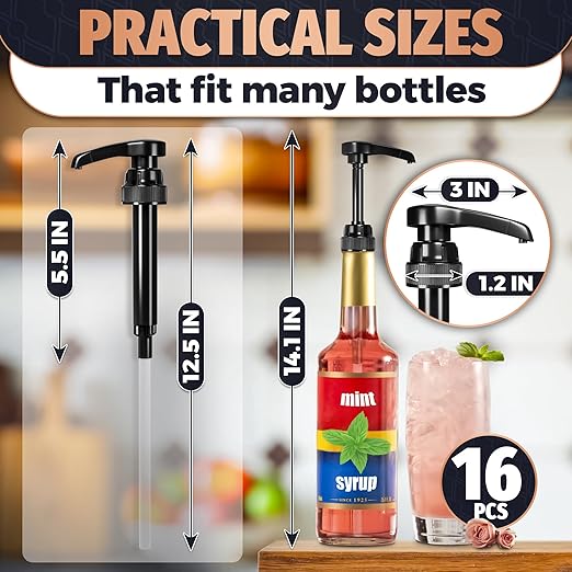 Set of 16 Black Coffee Syrup Pumps - 12.4 Inches Vanilla Syrup Dispenser for Skinny Bottles, Adjustable Length and Lockable Design, Good for Home and Commercial Use, Easy to Use and Clean