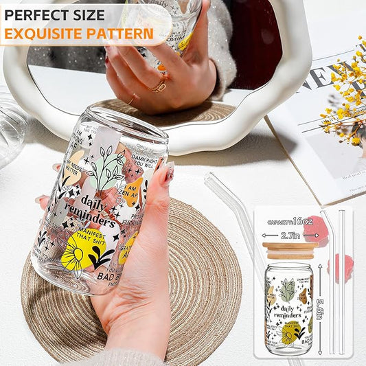 DWTS DANWEITESI Glass Cups with Lids and Straws with Design 4 pcs(Daily Reminder),Clear Glass Cups 16 oz-Glass Tumbler,Cute Design Glass Iced Coffee Cups Mental Health Positive