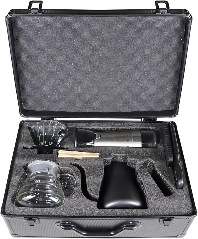 Manual Coffee Maker Set with 850ml Stainless Steel Kettle, All in One Coffee Brewing Kit, Electric grinder, Travel Case for Outdoor Camping, Office