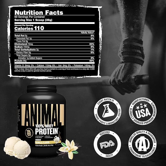 Animal 100% Whey Protein Powder – Whey Blend for Pre Workout or Post Workout, Recovery, or an Anytime Low Sugar Protein Boost Meal Replacement with BCAA Branched Chain Amino Acids – Vanilla, 4 lb