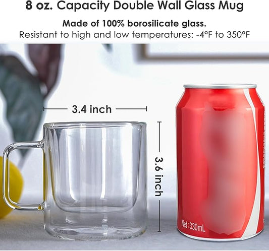 Aquach 2-Pack Double Walled Insulated 8oz Glass Coffee Mugs with Handle - Ideal for Espresso, Latte, Americano, and Cappuccino