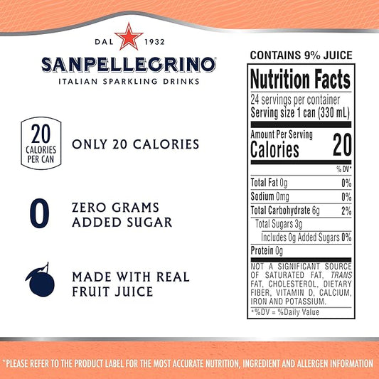 Sanpellegrino Zero Grams Added Sugar Italian Sparkling Drinks, Sparkling Peach Clementine Beverage, 24 Pack of 11.15 Fl Oz Cans