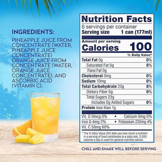 Dole Pineapple Orange Juice, 100% Fruit Juice with Added Vitamin C, 6 Fl Oz (Pack of 6), 48 Total Cans
