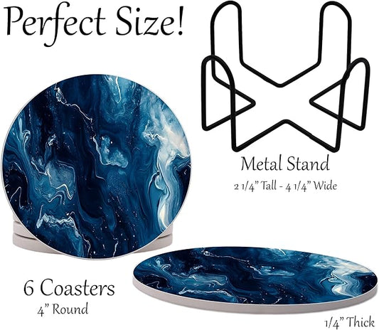 Blue Agate Marble Round Coasters Set of 6 - Abosrbent Ceramic Coasters with Metal Stand for Drinks, Coffee, Non-Slip Cork Back for Tabletop Protection, 4 Inches Marbled Pattern (Dark Marble)