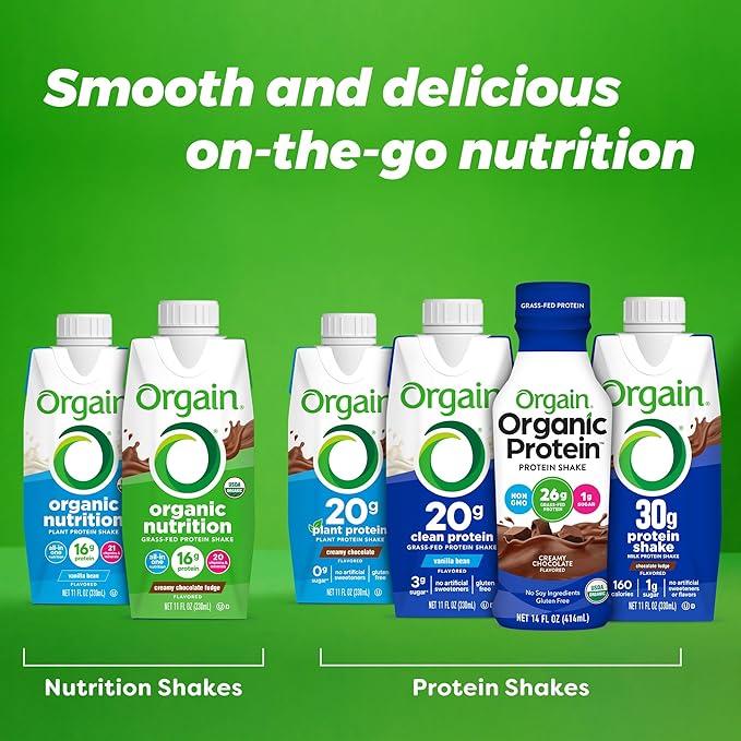 Orgain Organic Nutritional Shake, Vanilla Bean - Meal Replacement, 16g Protein, 20 Vitamins & Minerals, Gluten Free, Soy Free, Kosher, Non-GMO, 11 Ounce, 4 Count (Packaging May Vary)