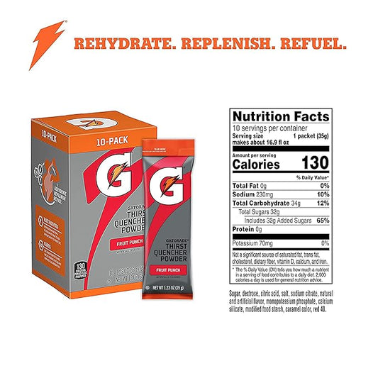 Gatorade Thirst Quencher Powder,Fruit Punch,1.23oz Packets,Makes 20 ounces,(Pack of 160)