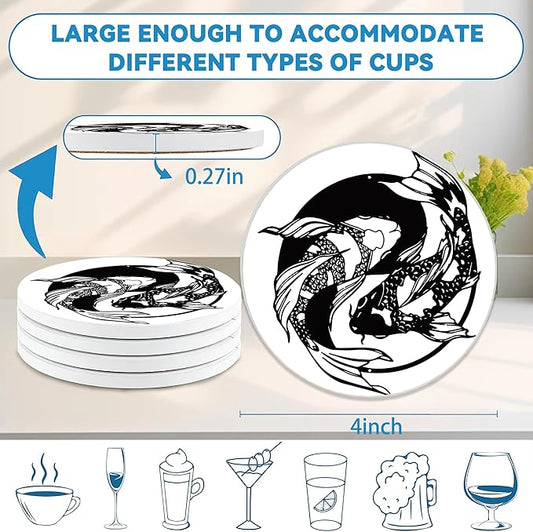 Drinks Coasters Set of 4, Yin Yang Fish Round 4" Cup Coasters, Absorbent Ceramic Stone Coasters with Cork Base, Cute Coasters for Table Home Décor, Ideal Gifts for Women Men