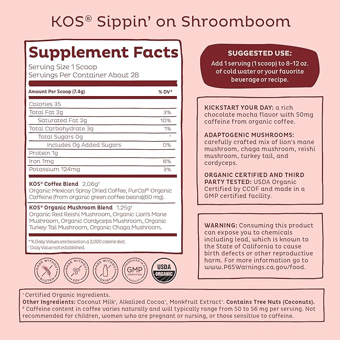 KOS Mushroom Coffee - USDA Certified Organic - Dark Chocolate Mocha Flavor - Mushroom Coffee Latte Powder with Reishi, Cordyceps, Lion's Mane, Chaga & Turkey Tail Mushrooms