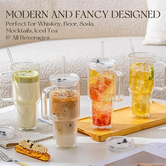 KEMORELA 28 oz Double Wall Glass Tumblers with Handle, Set of 4 | Insulated Glass Cups for Iced Coffee, Smoothie & Cold Brew | Also Perfect for Hot Coffee & Tea | Large Capacity, Thick Glass