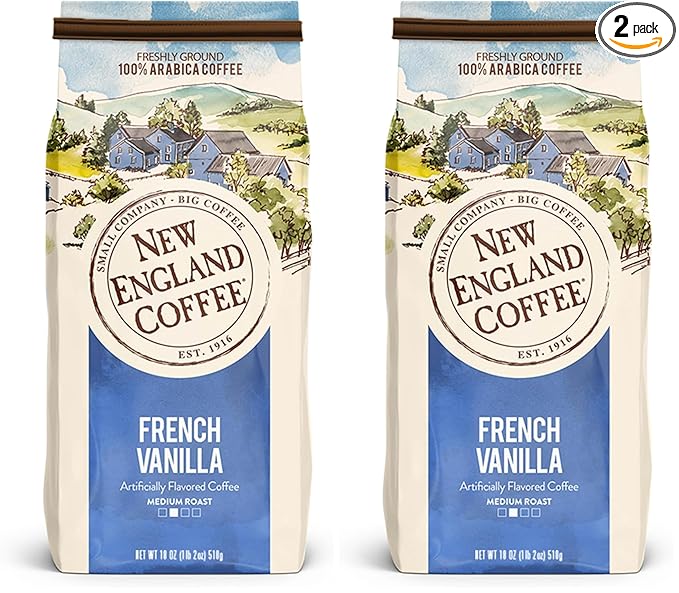 New England Coffee French Vanilla Medium Roast Ground Coffee, 18oz Bag (Pack of 2)