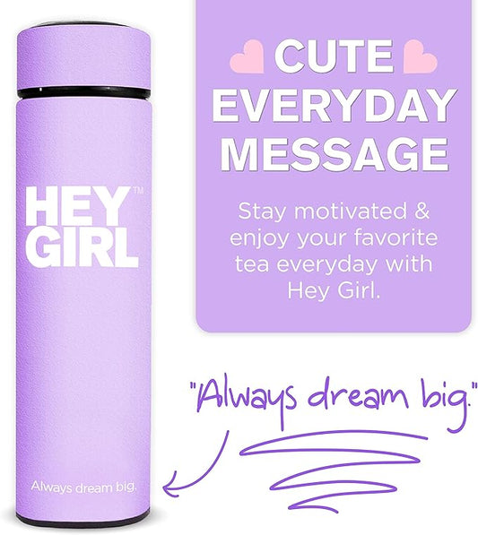 Hey Girl Tea Infuser Bottle 450ml - Insulated Stainless Steel Water Bottle - Tea Tumbler with Tea Diffuser - Portable Travel Mug for Loose Leaf Tea & Infused Water - Tea Lovers Gifts for Women