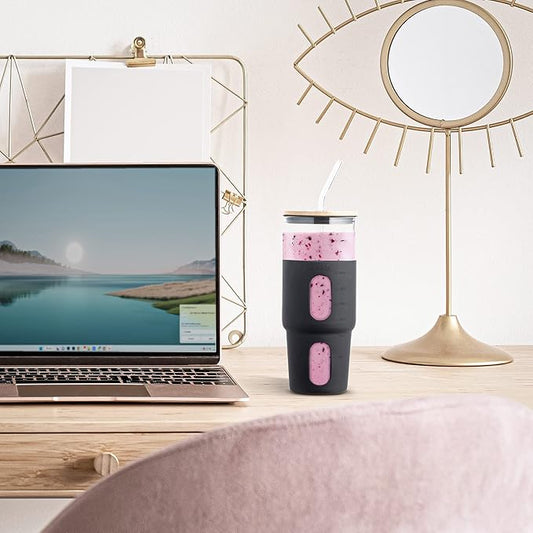 32oz Glass Tumbler with Straw & Bamboo Lid with Silicone Sleeve, Reusable Boba Smoothie Cup Iced Coffee Tumbler, Fits Cup Holder, Glass Water Bottle, BPA Free, Beer Mug & Stein Black