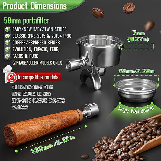 58mm Dual Spout Portafilter for Gaggia Baby Series & Classic (Pre-2015/Pro 2019+) | Not 2015-2018 | Rosewood Handle & Steel Basket