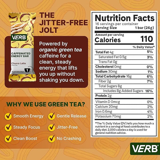 Verb Caffeinated Energy Bars Churro Latte (26g, Pack of 16) 110-Calorie Delicious Low Sugar Energy Bar - Vegan Gluten Free On-the Go Snack with 80mg Green Tea Caffeine, Only Real-Food Ingredients