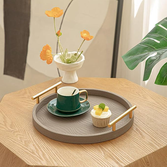 2 Piece Coffee Brown Round Serving Tray with Handles, Woven-Texture Faux Leather Ottoman Tray for Living Room, Decorative Tray for Coffee Table Home Decor