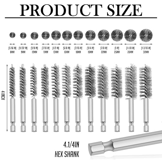 Patelai 12 Pcs Stainless Steel Wire Bore Brush Different Size Twisted Cleaning Brush with Handle 1/4 Inch Hex Shank for Power Drill Impact Driver (8/ 9/ 10/ 11/ 13/ 16/ 18/ 19/ 22/ 25/ 28/ 30 mm)