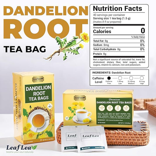 LeafLea Dandelion Root Tea Bags, 160 Dandelion Tea Bags, Natural Dried Dandelion Root, Caffeine-Free, Vegan, Gluten-Free, No Sugar, Sealed for Fresh Flavor, 4 Pack