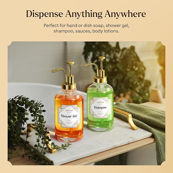 Moccado Glass Coffee Syrup Dispenser for Coffee Bar - Set of 2 Gold 500 ml / 16.9 oz Glass Syrup Bottles, Includes Bamboo Tray, 16 Stencils, Labels, Coffee Bar Accessories