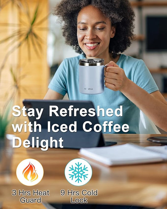 Insulated Coffee Mug 12 oz, Double Wall Stainless Steel Coffee Mug with Lids, Leak-Proof & Detachable Slider Lid for Thorough Clean, Keeps Coffee Cold for 9 Hrs, Suitable for Camp Home Office