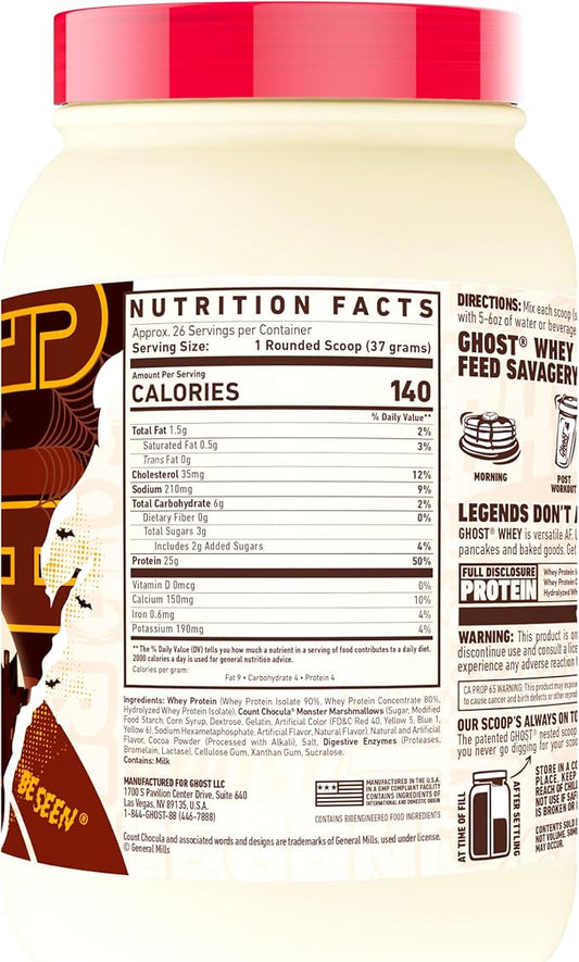 GHOST Whey Protein Powder, Count Chocula - 2.12LB, 25G of Protein - Whey Protein Blend - Post Workout Fitness & Nutrition Shakes, Smoothies, Baking & Cooking - Soy & Gluten-Free