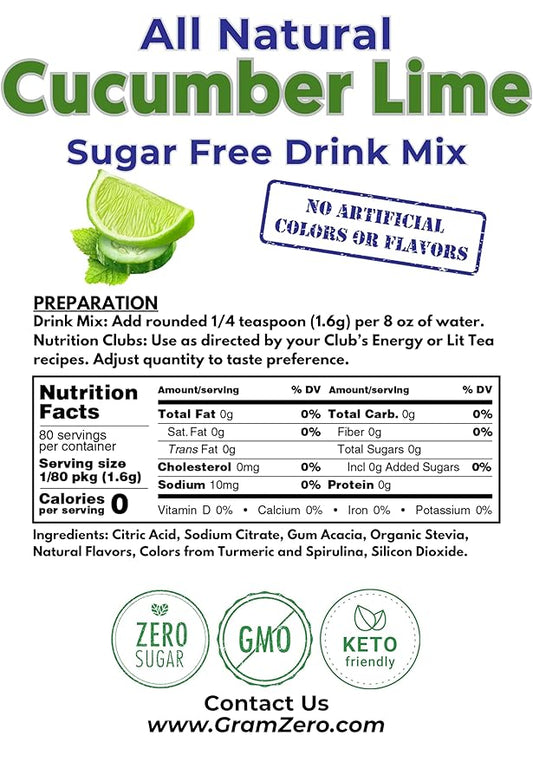GramZero All Natural Cucumber Lime Zero Calorie Sugar Free Drink Mix, Great For Nutrition Club Loaded Tea, Stevia Sweetened